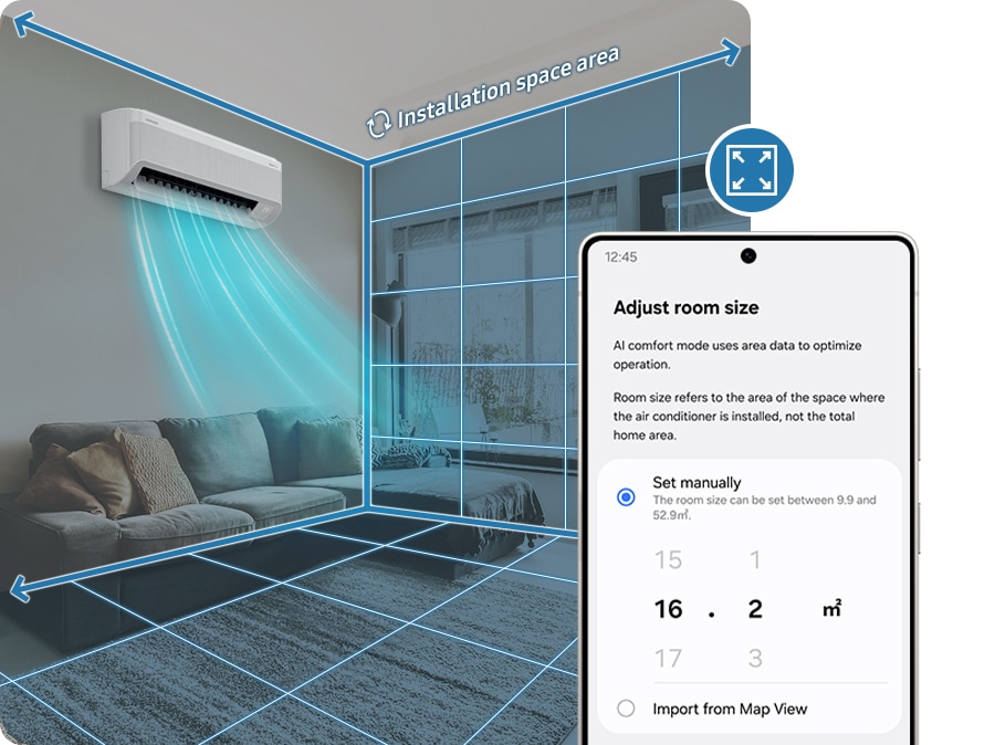Bespoke AI WindFree Inverter Split AC, AR60H18D15W, 4.75 kW, 5 Star (2026) - The smartphone displays the Adjust Room Size screen, while the indoor unit installed in the living room analyzes the size of the installation space.