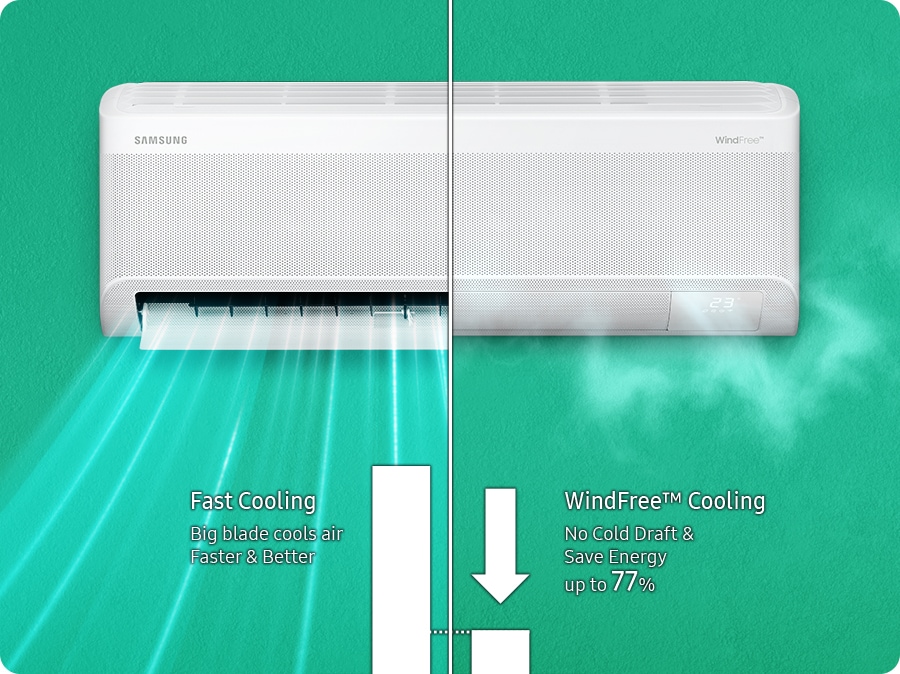 Bespoke AI WindFree Inverter Split AC, AR60H18D1PW, 4.8 kW, 3 Star (2026) - The air conditioner is divided into two sections: Fast Cooling and WindFree™ Cooling. Fast Cooling : Big blade cools air faster & better. WindFree™ Cooling : No cold draft & save energy up to 77%.