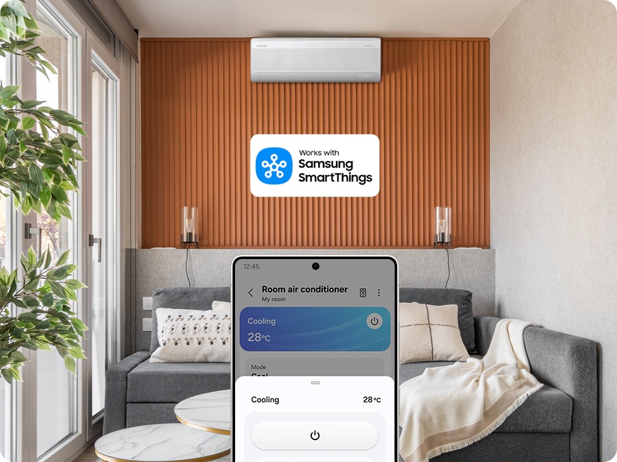 Bespoke AI WindFree Inverter Split AC, AR60H18D1PW, 4.8 kW, 3 Star (2026) - As the smartphone approaches the indoor unit, SmartThings recognizes the unit, and a pop-up window appears. The smartphone is then used to operate the indoor unit. It works with Samsung SmartThings.
