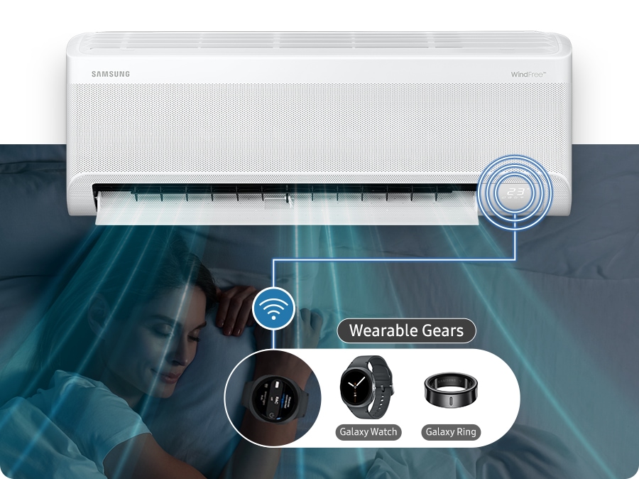 Bespoke AI WindFree Inverter Split AC, AR60H18D1ZW, 4.75 kW, 5 Star (2026) - A close-up of a woman’s Galaxy Watch and Ring activates Sleep mode on the indoor unit. The graph shows Falling Asleep (Till 1h), Sound Sleep (When the set time is over 8 hours, this section will repeat), and Wake Up (Till 1