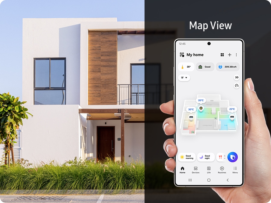 Bespoke AI WindFree Inverter Split AC, AR60H18D1ZW, 4.75 kW, 5 Star (2026) - From outside the house, the smartphone is used to monitor the interior through SmartThings' 'Map View', displaying a 3D map of the home.
